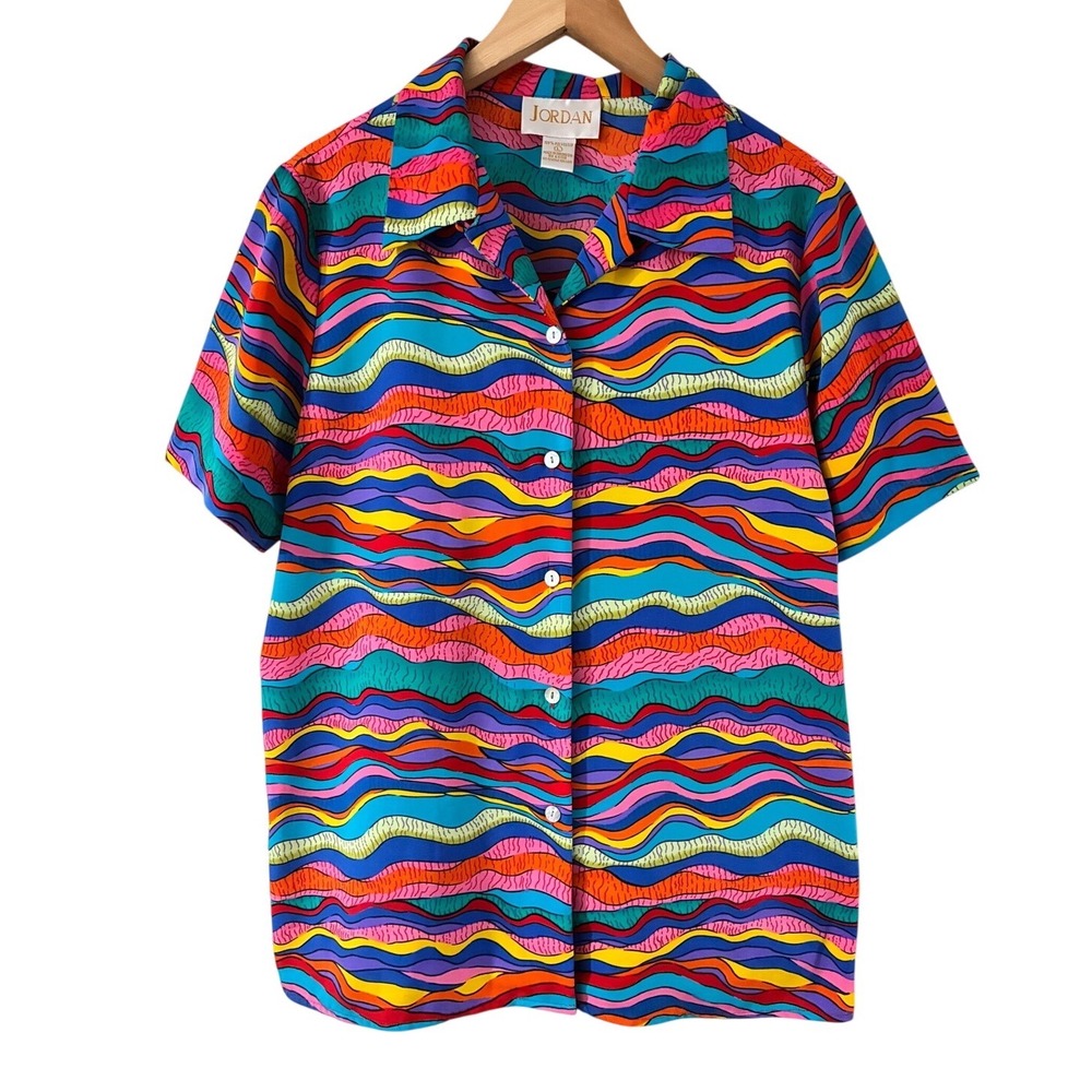 Vintage Jordan Abstract Wavy Print Button Up Shirt Multi Color Short Sleeve L